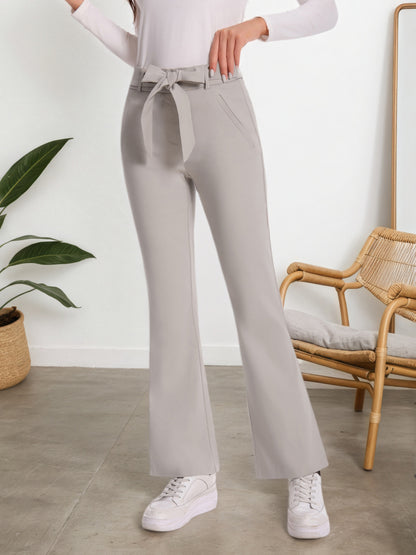 Elegant Plaid Flare Trousers for Women Featuring a High Waist And Tie Belt, Designed for a Slim Fit with Pockets, Perfect for Office Wear