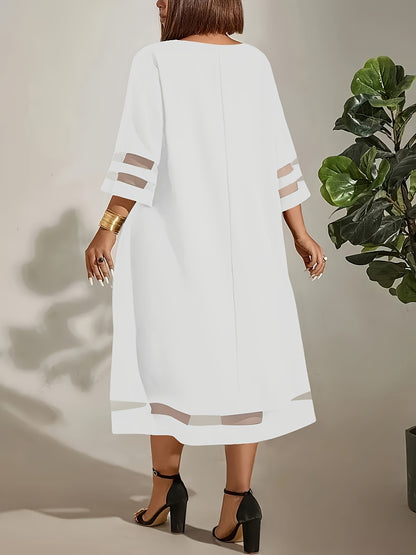 Plus Size, Plus Size Women's Elegant Casual Chic Dress - Breathable Mesh Inserts, Garden Neckline & 3/4 Sleeves, Fitted Solid Color Design for Spring Summer Autumn, Machine Washable, Dress Blouses Elegant, Seasonal Fashion, Flowy Fabric