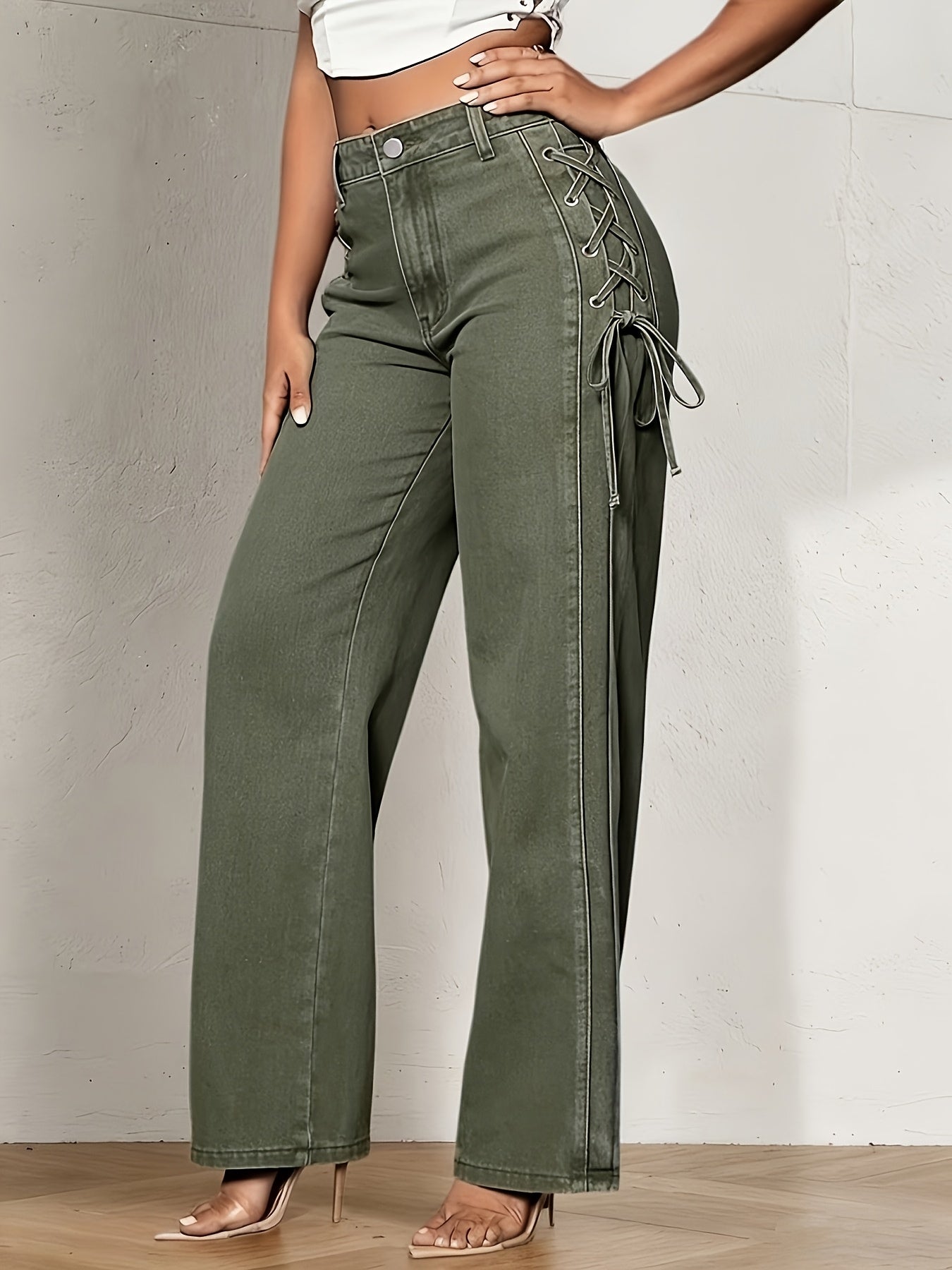 Wide-Leg Straight Jeans for Women Featuring a Side Tie-Up Bow Design, Mid-Rise Relaxed Fit, Ideal for Casual Streetwear, Vacations, Work, And Daily Use, with a Y2K Retro Vibe