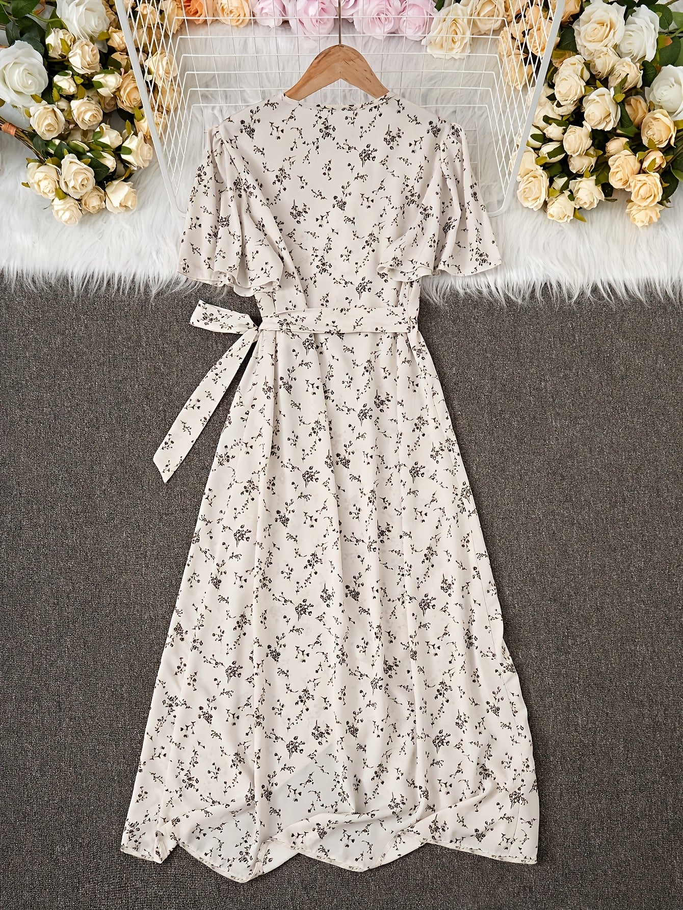 [Elegant Floral Dress] Floral Print Surplice Neck Dress, Elegant Short Sleeve Tie Waist Ruffle Hem Dress, Women's Clothing