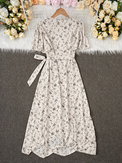 [Elegant Floral Dress] Floral Print Surplice Neck Dress, Elegant Short Sleeve Tie Waist Ruffle Hem Dress, Women's Clothing
