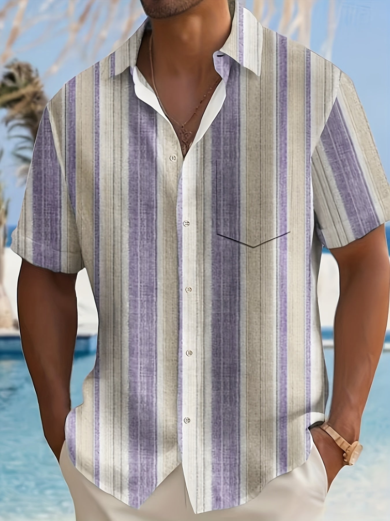 1pc Men'S Casual Striped Short Sleeve Shirt - Polyester 95%, Spandex 5% Blend, Summer Lapel Collar, Woven Fabric, Regular Fit with Button Details, Plus Size