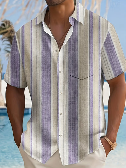 1pc Men'S Casual Striped Short Sleeve Shirt - Polyester 95%, Spandex 5% Blend, Summer Lapel Collar, Woven Fabric, Regular Fit with Button Details, Plus Size
