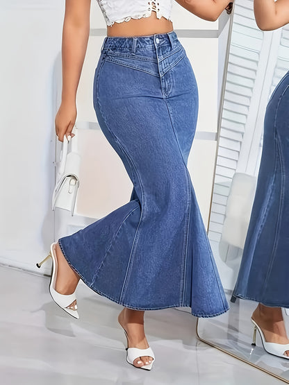 Women'S Light Blue Washed High-Waisted Stretchy Slim-Fit Mermaid/Fishtail Skirt - Elastic Waist Casual to Semi-Formal Skirt for Spring Summer Fall, Versatile Everyday & Special Occasion Outfits, Durable Comfortable Washable Fabric, Seasonal Wardrobe, Slim