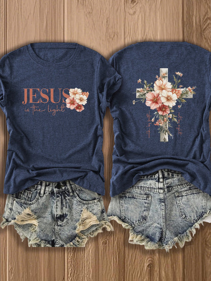 Jesus Floral Cross Double-Sided Print T-shirt - Stylish Faith-Inspired Design for Casual Wear, Perfect for Christian Women, Trendy and Comfortable -blend T-shirt with Double-sided Print