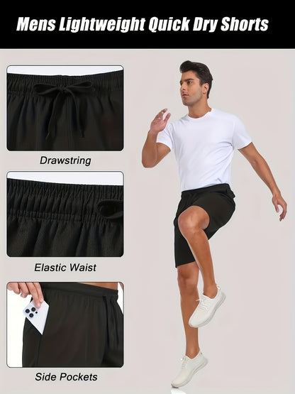 5 Men'S Quick Dry Mesh Shorts, Casual Micro Stretch Elastic Waistband Drawstring Shorts