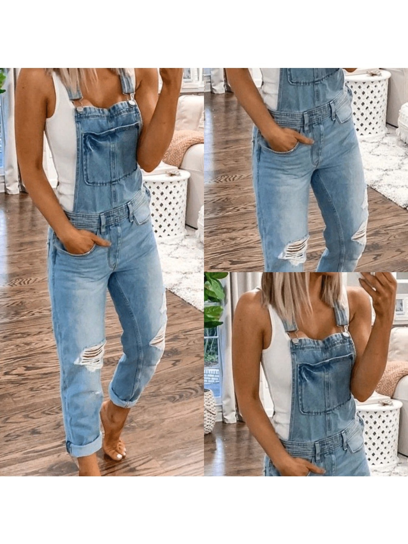 [Trendy Denim Overalls] New Sports Backpack Strap Ripped Denim Overalls for Women, Suitable for Weekend Trips Easy Commutes, Trendy Comfortable