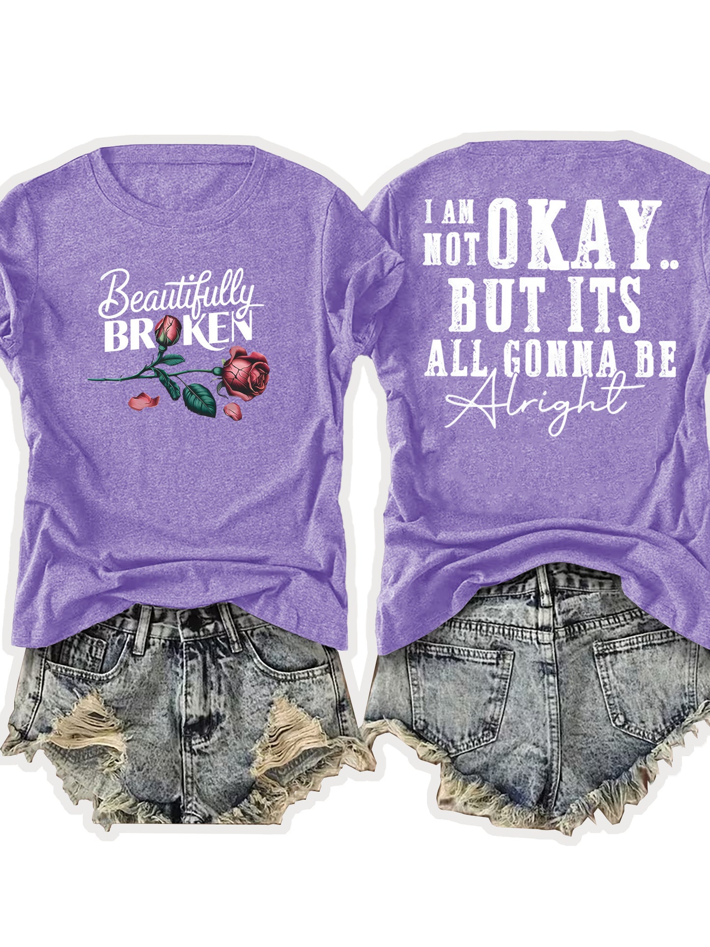 Ladies' European-Style Round Neck Short Sleeve T-Shirt for Summer, Lightweight and Breathable, Front and Back with Stylish Floral Prints and 'Beautifully Broken' Text, Perfect Comfort Fit for Daily Wear, A Versatile and Chic Choice for Laid-Back