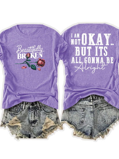 Ladies' European-Style Round Neck Short Sleeve T-Shirt for Summer, Lightweight and Breathable, Front and Back with Stylish Floral Prints and 'Beautifully Broken' Text, Perfect Comfort Fit for Daily Wear, A Versatile and Chic Choice for Laid-Back