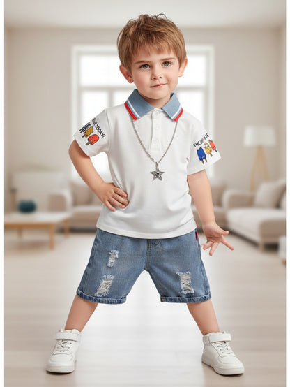 Boys' Summer New Cartoon Print 2pcs Set with Collar Short Sleeve and Distressed Denim Shorts, Perfect for Outdoor