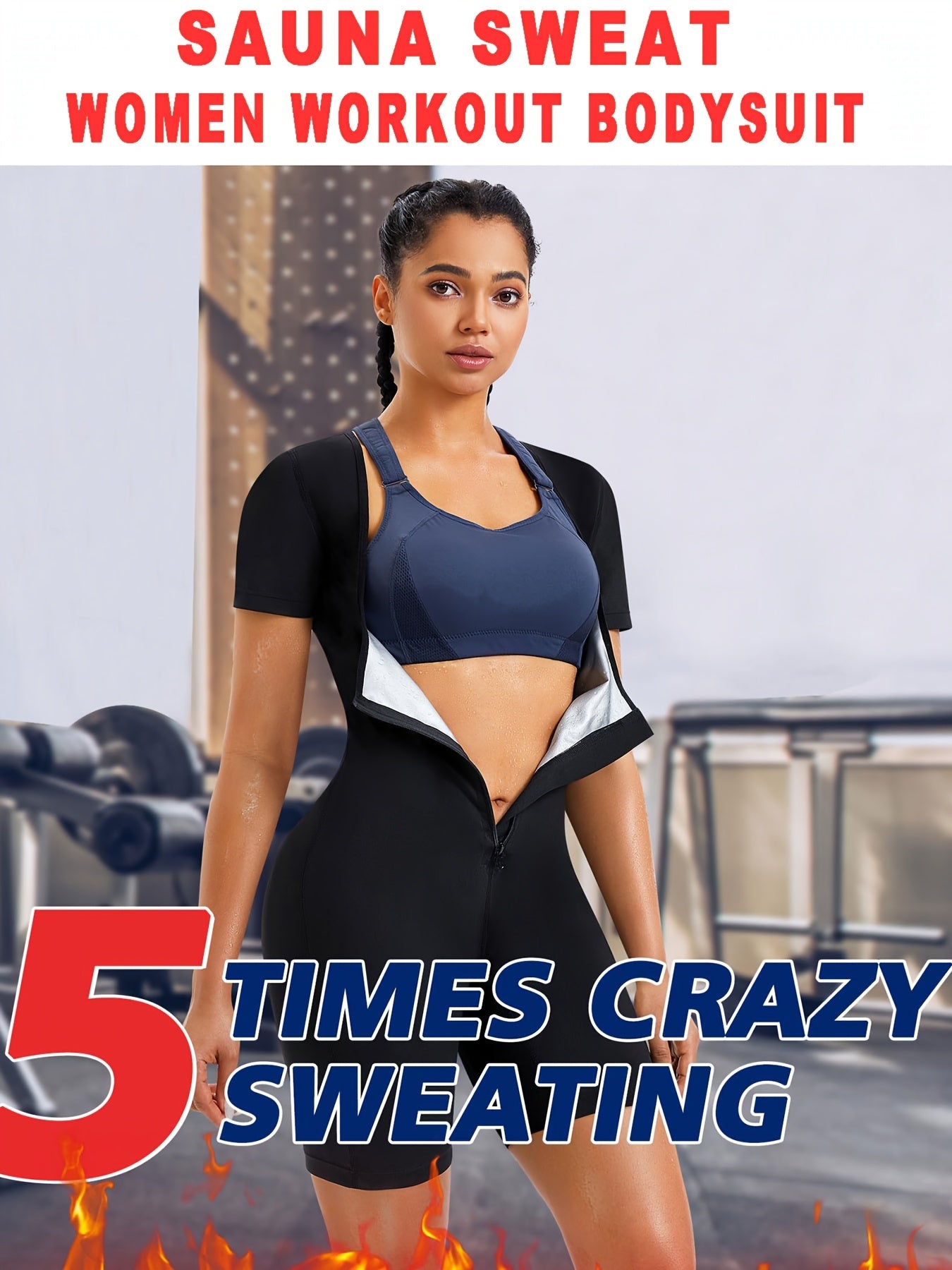 1pc JUNLAN Women' Sauna Suit Full Body Shaper Workout Vest & Shorts - 3-in-1 Waist Trainer, Sweat Vest with Sleeve Top & Shorts, Zipper Closure Tummy Gym Suit for Sauna Training, Fitness, Year-Round Wear (Hand Washable)