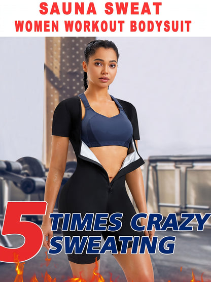 1pc JUNLAN Women' Sauna Suit Full Body Shaper Workout Vest & Shorts - 3-in-1 Waist Trainer, Sweat Vest with Sleeve Top & Shorts, Zipper Closure Tummy Gym Suit for Sauna Training, Fitness, Year-Round Wear (Hand Washable)