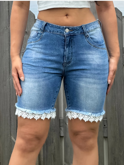 Women's Lace Jeans Shorts Bristled Hem Mid-waist Denim Shorts