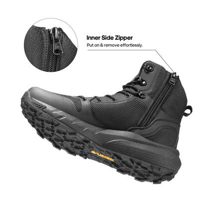 Men's Waterproof Hiking Boots Mid Tactical Boot Comfortable Lightweight Boots for Work All Day Side Zipper Motorcycle Combat Boots Backpacking Trekking