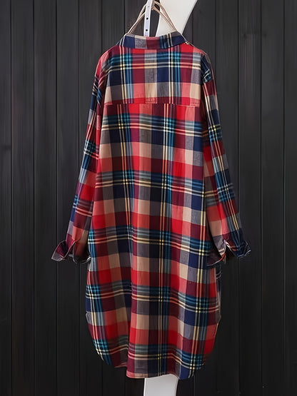 Plus Size, Plus Size Pure Mid-Length Plaid Long Sleeve Shirt for Women, Korean Style Loose Fit Versatile Casual Shirt Cardigan Outerwear, Suitable for Christmas, New Year, Valentine's Day Holiday Outfits, Skin-Friendly Fabric Texture