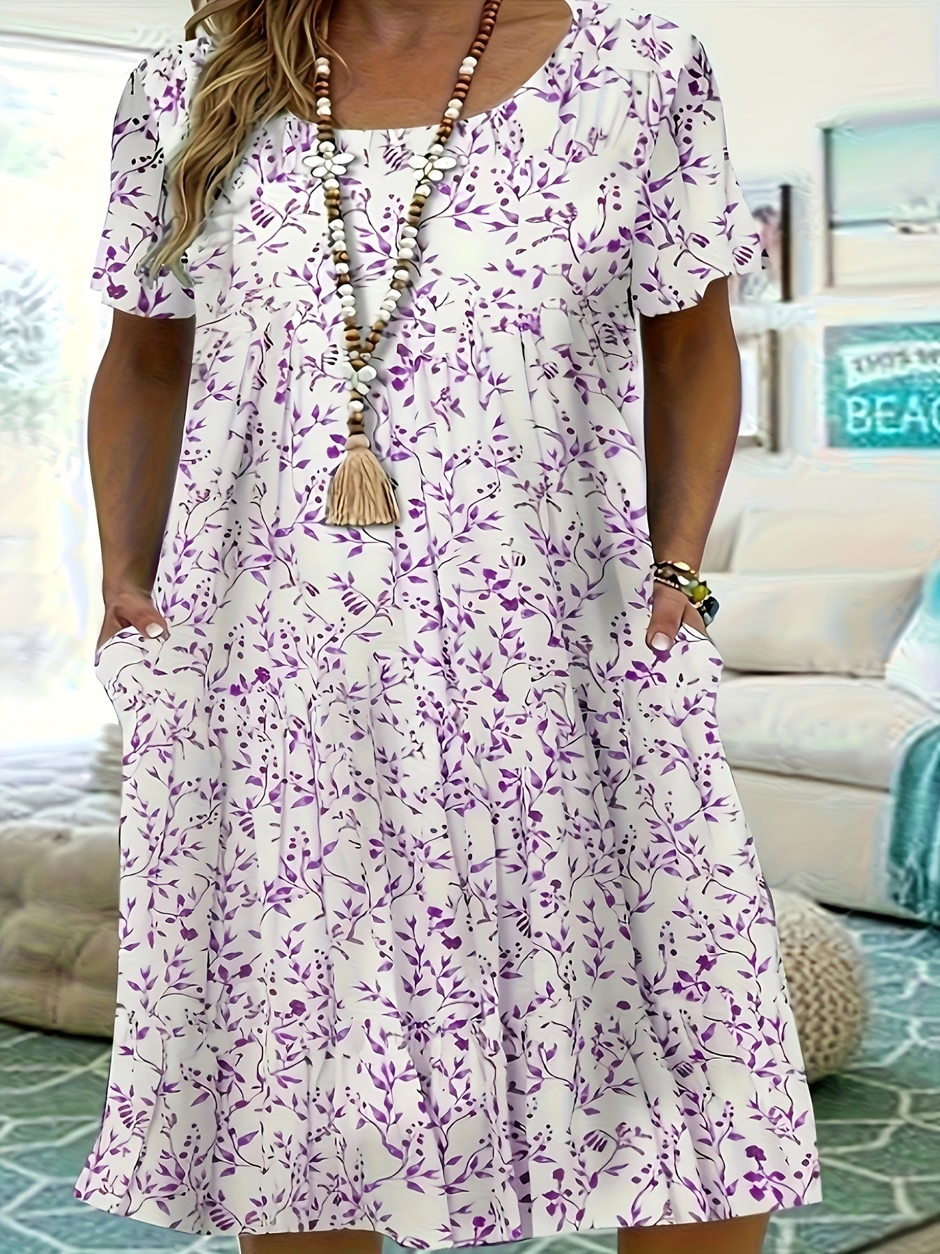 Plus Size, Women's Short Sleeve Round Neck Printed Dress