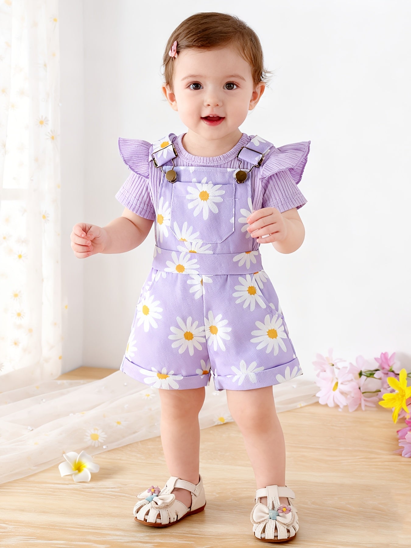 Random 1 Sets Baby Girl Clothes Ribbed Short Sleeved Triangular Jumpsuit Printed Overalls Set, for Outdoor