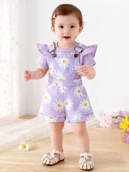 Random 1 Sets Baby Girl Clothes Ribbed Short Sleeved Triangular Jumpsuit Printed Overalls Set, for Outdoor