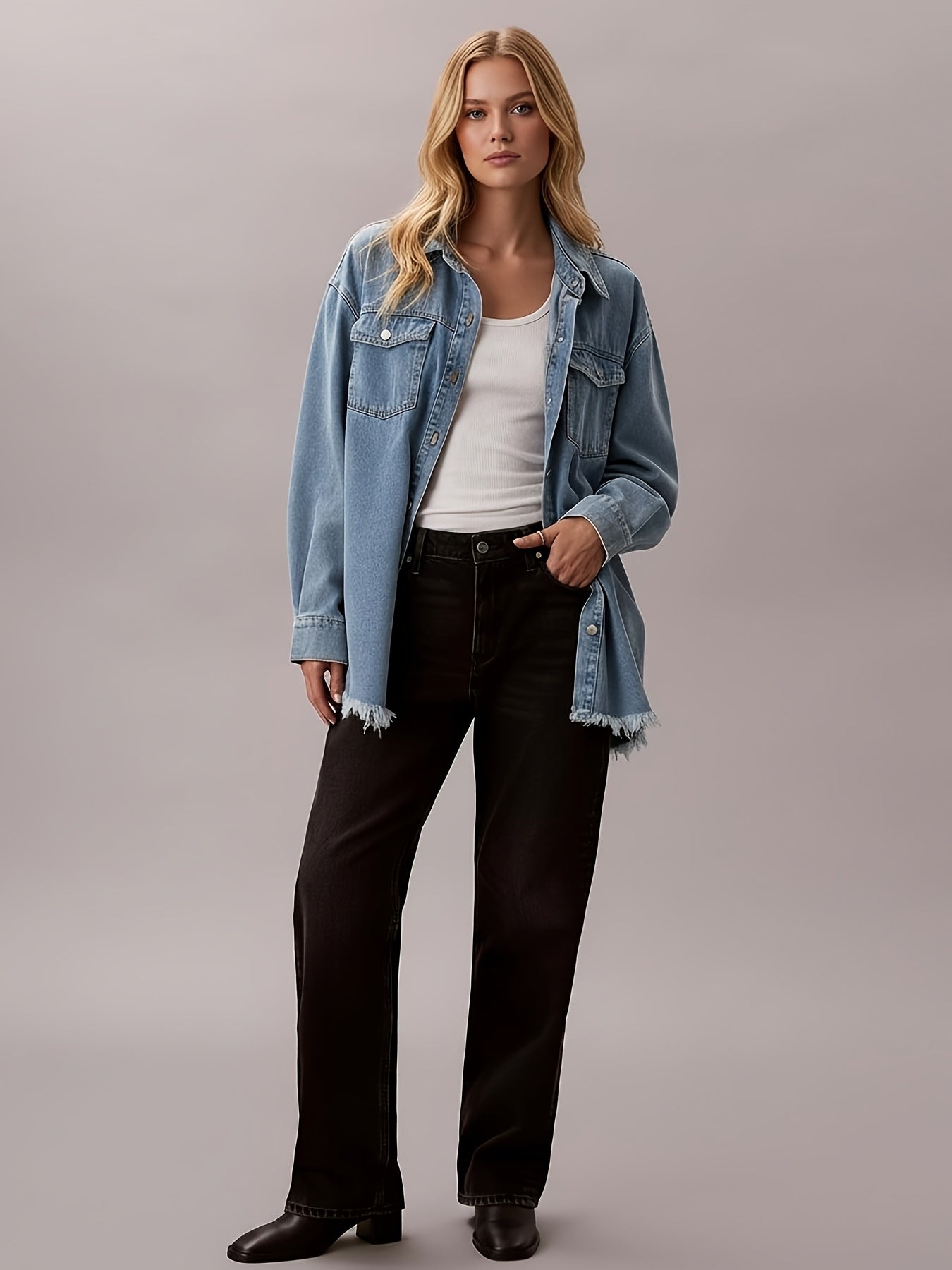Casual Long-Sleeve Oversized Denim Jacket for Women, Distressed Jean Shirt for Fall Outfits in 2025