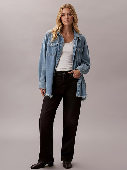 Casual Long-Sleeve Oversized Denim Jacket for Women, Distressed Jean Shirt for Fall Outfits in 2025