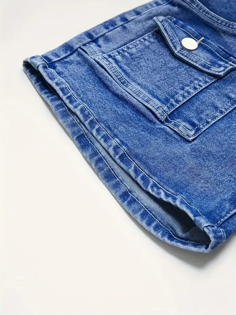 Women'S Stretch Denim Shorts, Elegant And Sexy Cargo Style Shorts, Classic Blue High-Waisted Stretchy Slim Fit That Makes Legs Look Longer, Multiple Pockets, Perfect for Spring And Summer