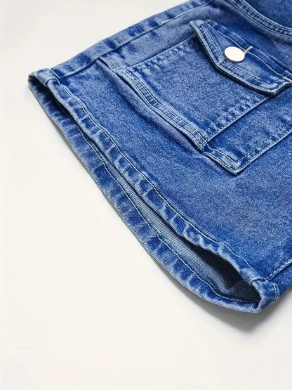 Women'S Stretch Denim Shorts, Elegant And Sexy Cargo Style Shorts, Classic Blue High-Waisted Stretchy Slim Fit That Makes Legs Look Longer, Multiple Pockets, Perfect for Spring And Summer