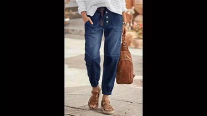 [Hme]Women'S Casual Denim Cargo Pants, Cropped Length, Multi-Pocket, Elastic Waist, Washed End, All-Season, Button Fly, Medium Stretch Fabric, Vintage Style, Fashionable for Weekend - No Belt