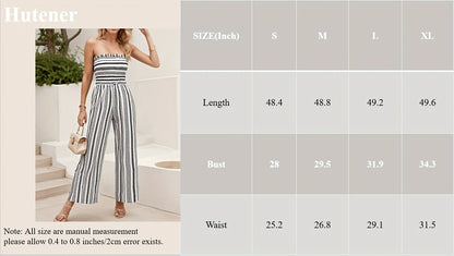 Women's Strapless Striped Jumpsuit, Black White Smocked Tube Top Wide Leg Jumpsuit, Casual Loose Summer Romper for Vacation & Daily Wear