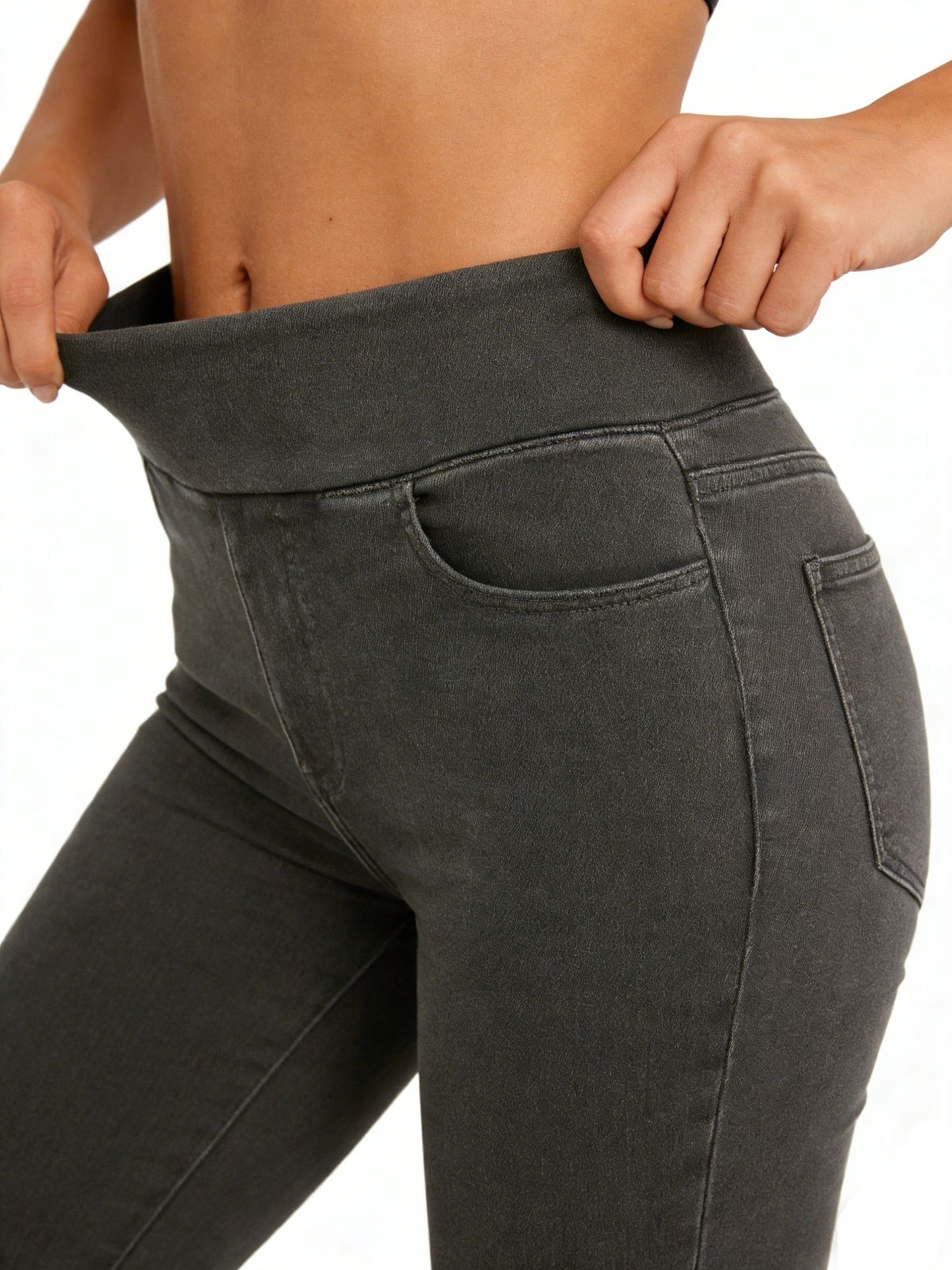 Women's Slim-fit Jeans with Four Pockets, High-waisted Stretchy Leggings, Fashionable Tummy- Denim Style