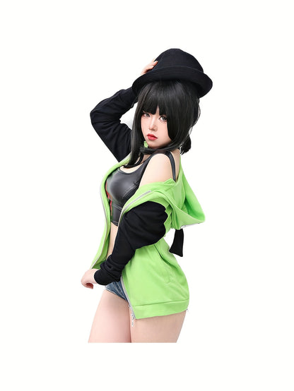 Women Cosplay Hoodie Jacket Green Coat with Ears for Halloween Party