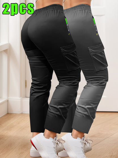 2-pack of Women'S Multi-pocket Slim Cargo Pants, Drawstring Zip Pocket Design, Straight Leg Casual Trousers, Suitable for Outdoor Sports, Everyday Wear, and Dates.