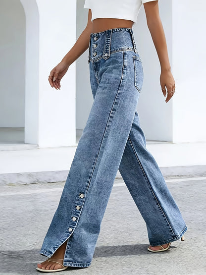 Women'S Casual Fashion Button-Waist Relaxed Fit Jeans Featuring an Open-Hem Design, Versatile for Multiple Occasions a Timeless, Year-Round Staple That Pairs Effortlessly with Any Outfit