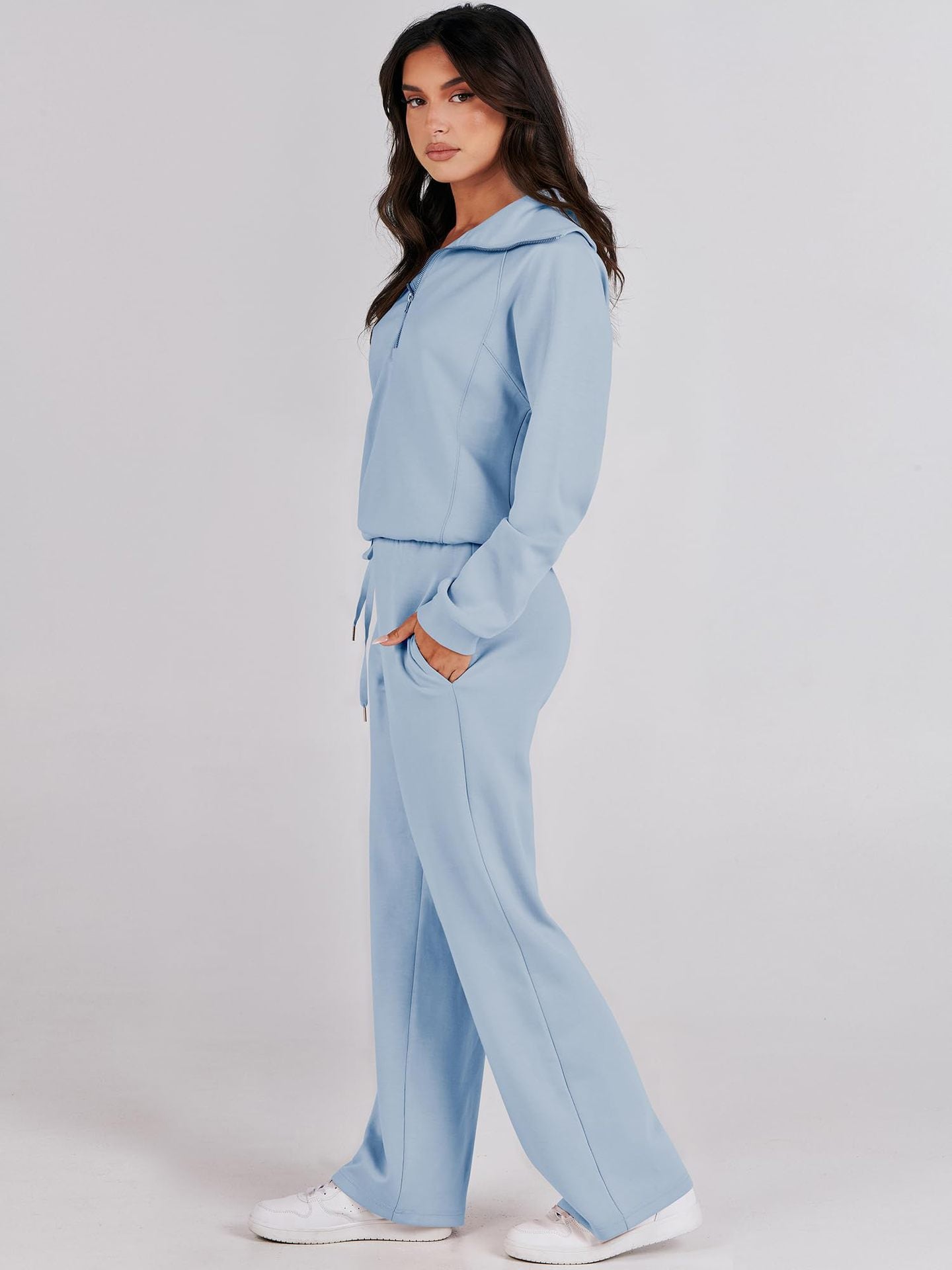Spring/Autumn Casual Swear Set for Women, Zipper Long-Sleeve Sweatshirt and Wide-Leg Pants 2pcs Set