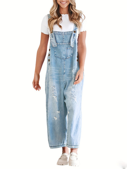 Women's Casual Denim Overalls Loose Adjustable Strap Distressed Bib Jeans Overall Jumpsuits with Pocket