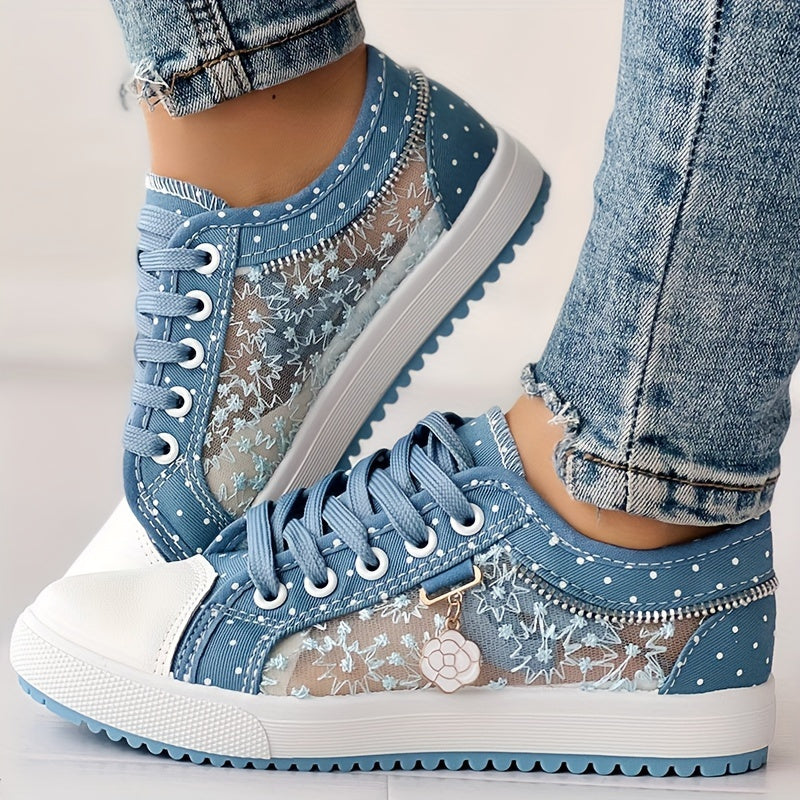 Plus Size Women's Breathable Mesh Flat Sneakers - Casual Low-Top with Floral Embroidery, Light Blue & White, Comfortable Lace-Up Shoes for All Seasons