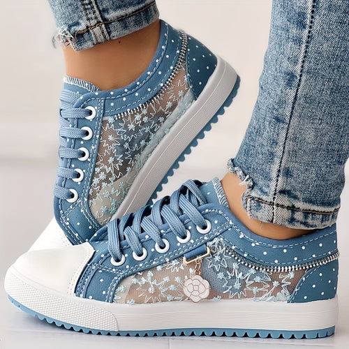 Plus Size Women's Breathable Mesh Flat Sneakers - Casual Low-Top with Floral Embroidery, Light Blue & White, Comfortable Lace-Up Shoes for All Seasons