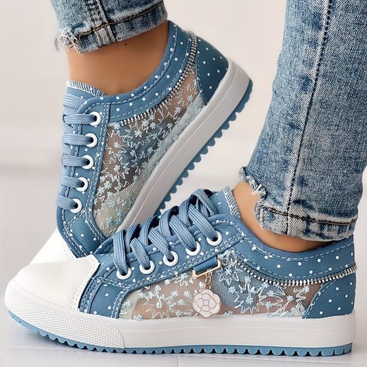 Plus Size Women's Breathable Mesh Flat Sneakers - Casual Low-Top with Floral Embroidery, Light Blue & White, Comfortable Lace-Up Shoes for All Seasons