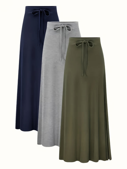 Plus Size - 3pcs Women'S Solid Color Elegant Long Skirt Fashionable High Waisted Elastic Slit A-line Skirt Large Casual, Daily Wear, Comfortable Clothing, Aline Silhouette, Elastic Fabric, Large Size Skirt, Women'S Skirt, Curvaceous Women