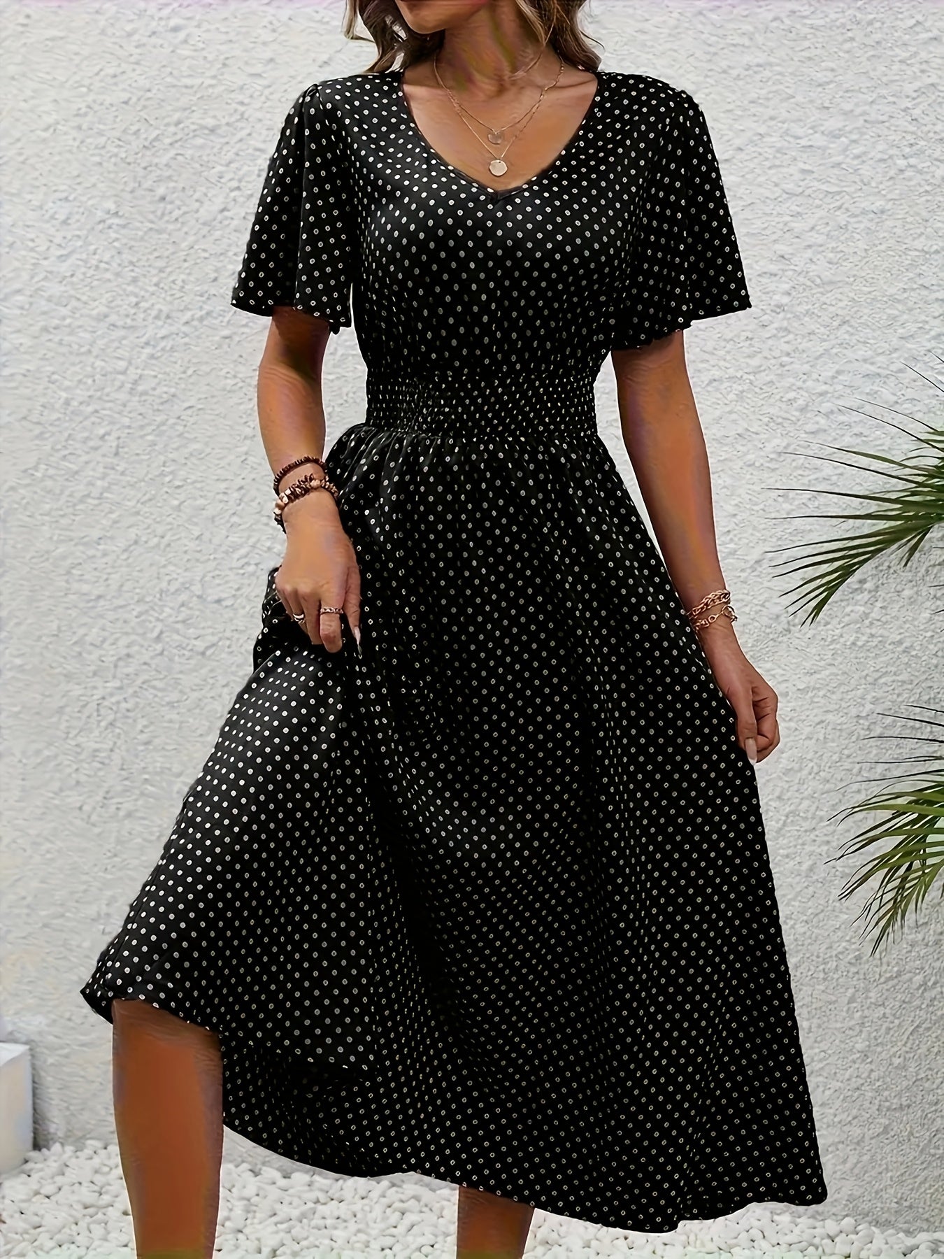 Women'S Long Dress in Pink with Polka Dots - Casual V-Neck, Ruffled Sleeves, Waist-Enhancing Style, Made of Lightweight, Ideal for Spring/Summer, Machine Washable