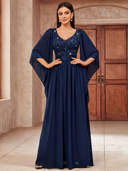 53303 Elegant Women's Lace & Sequin Bridesmaid Dress - A-Line Maxi Wedding Gown with 3/4 Bell Sleeves, V-Neck Color-Block (Bodice &), Machine Washable Bridesmaids Gown for Weddings, Parties, Prom