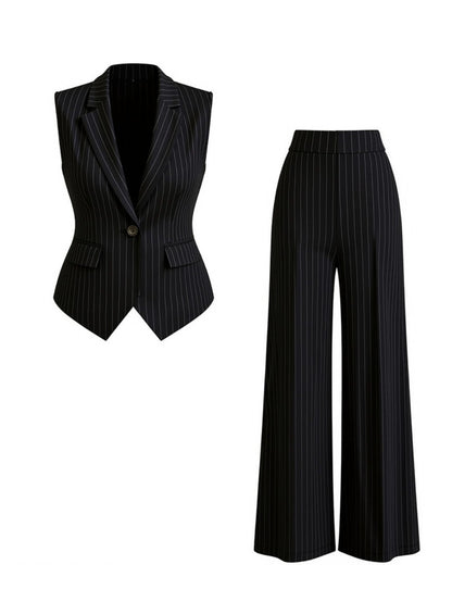 2pcs Set: Black Striped Suit Vest + Bell-Bottom Pants | Women's Vintage-Inspired, Sleek Office Wear Perfect for Commuting, Formal Occasions, and Spring/fall Styling.