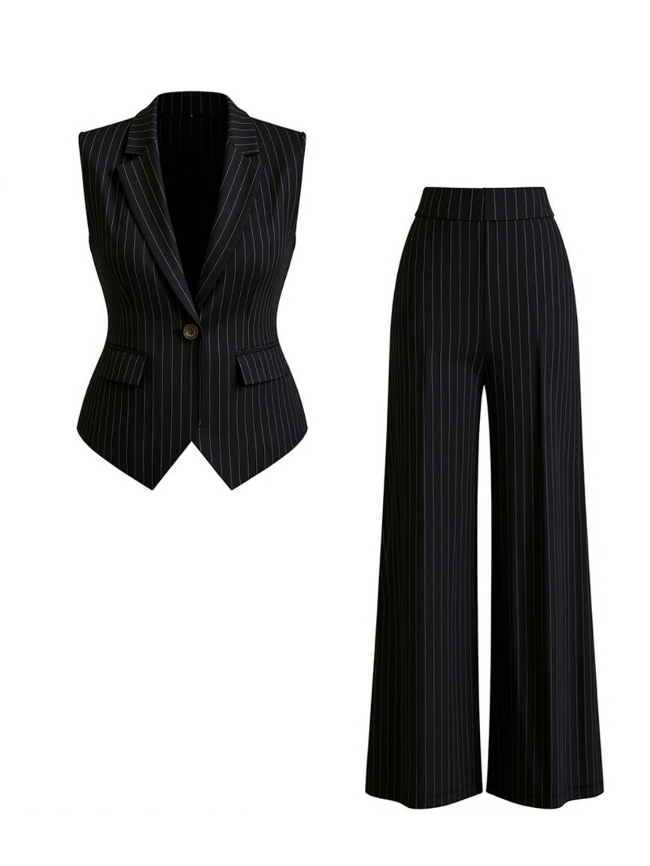 2pcs Set: Black Striped Suit Vest + Bell-Bottom Pants | Women's Vintage-Inspired, Sleek Office Wear Perfect for Commuting, Formal Occasions, and Spring/fall Styling.