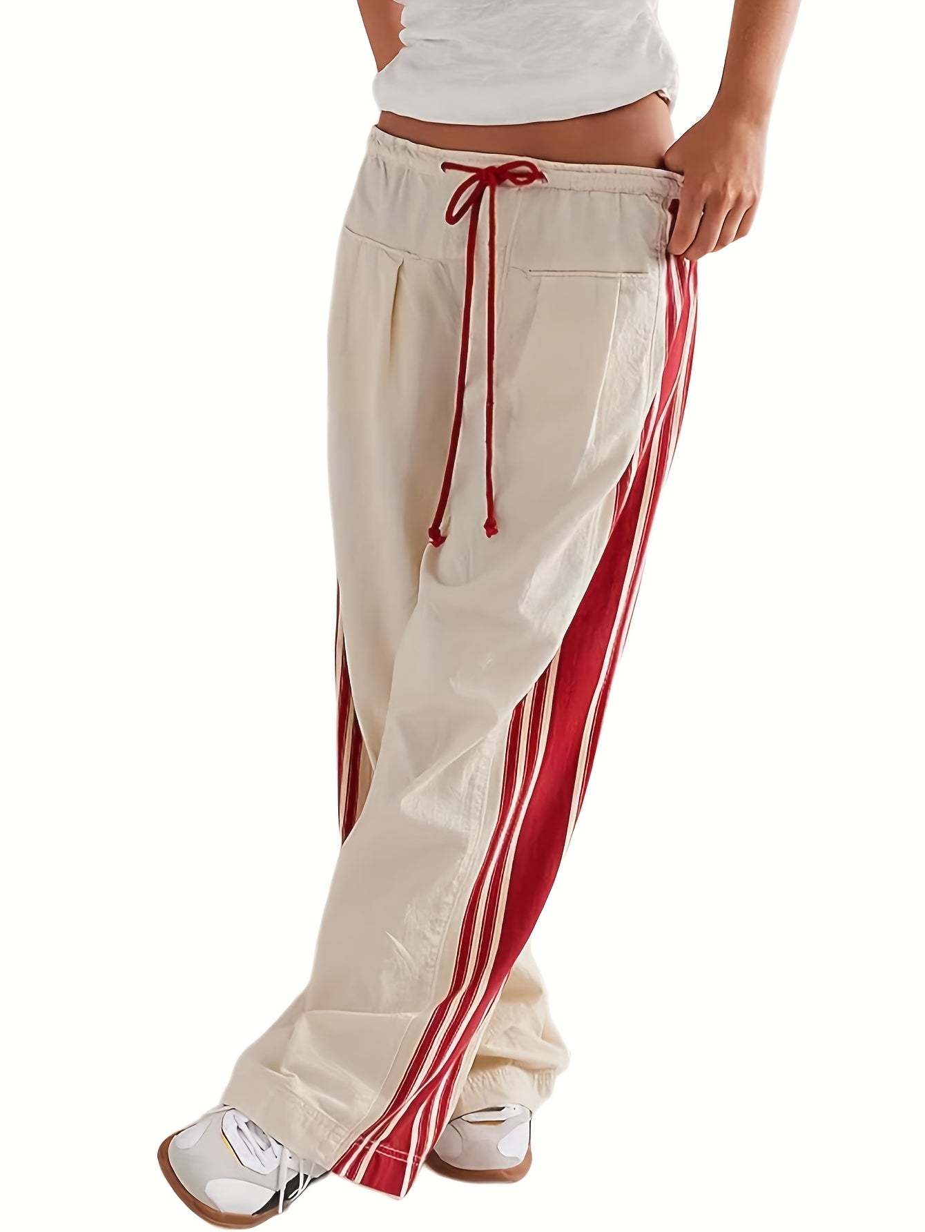 Women's Wide Leg Pants Drawstring High Rise Side Striped Slouchy Palazzo Pants with Pockets