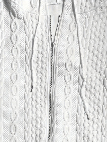Women'S Casual Solid Zip-Up Hoodie - Fashionable Fall/Winter Long-Sleeve Outerwear, White Bomber Design, Textured Details, Casual Hoodie | Fashionable Zip-Up | Textured Detail Jacket