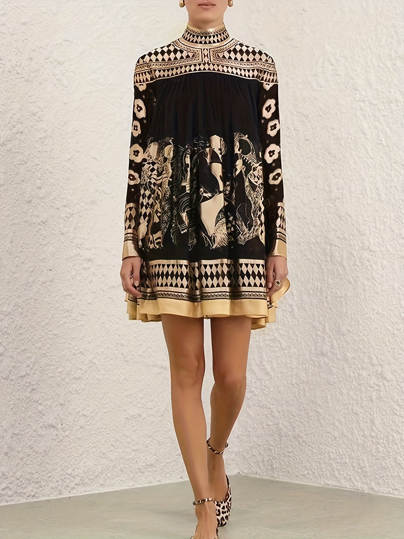 [Casual Stylish Retro] Women's Bronze Ethnic Print Stand Collar Long-Sleeved Short Dress, Casual And Stylish For Office Or Commuting, Retro Party A-Line Skirt