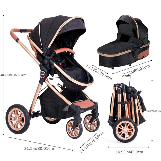 Cochildor Foldable Baby Stroller, Shock Absorption & All-Terrain Tires, Reversible Forward-Facing Push Adjustable Handlebar Large Sun Canopy Storage Basket, Lightweight Durable Polyester Frame, for Travel Shopping Park, Grey/Blue/Black