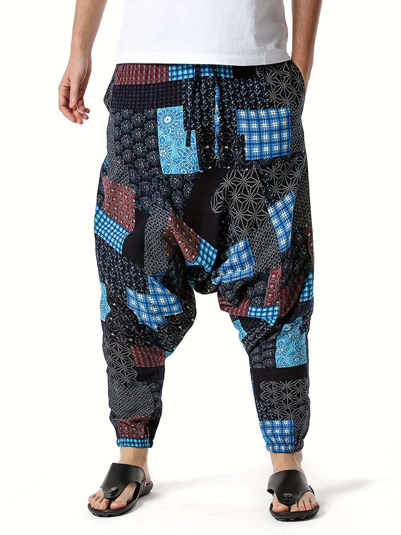 Men'S Stylish 100% Loose Colorful Fans Pattern Pants with Pockets, Casual Breathable Comfy Trousers for City Walk Street Hanging Outdoor Activities