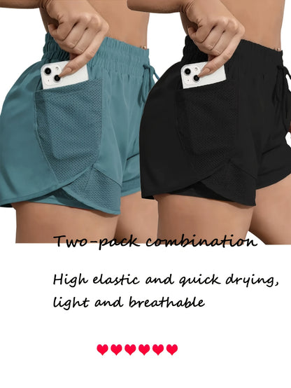 FOEIERAA Fashion Women's 2pcs Yoga Sport Shorts Set, 2-in-1 High-Waisted Athletic Shorts, High Elasticity Quick-Dry, Lightweight and Breathable, Suitable for Running, Yoga, Cycling, Fitness, Studio, Casual Outings, Evening Dates, Daily Wear, and