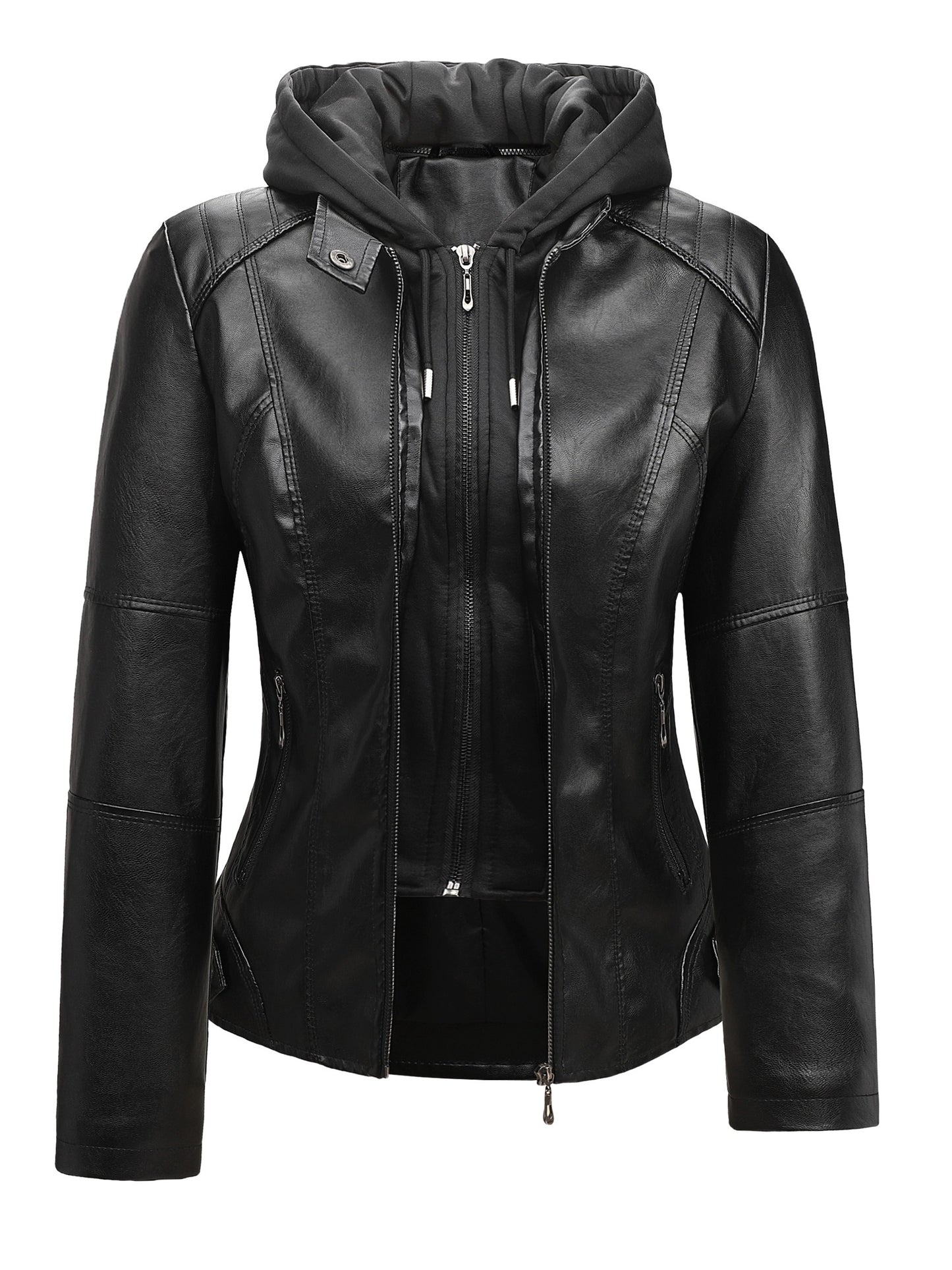 Women's Black Hooded PU Leather Jacket, Slim Fit Motorcycle Style Coat for Fall & Winter, Casual Windproof Outerwear with Removable Hood