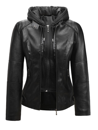 Women's Black Hooded PU Leather Jacket, Slim Fit Motorcycle Style Coat for Fall & Winter, Casual Windproof Outerwear with Removable Hood